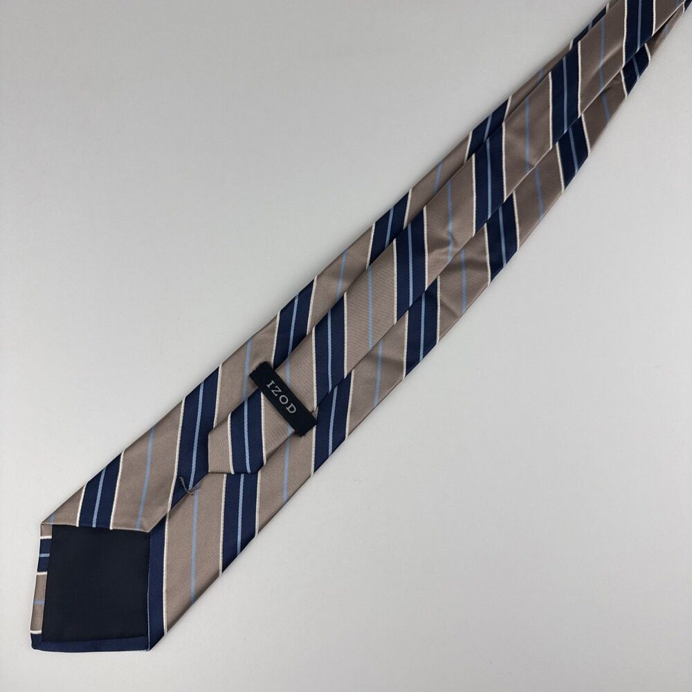 Izod 100% Silk Tie Mens 60” x 3.75" Navy Blue Gold Stripe Preppy Nautical